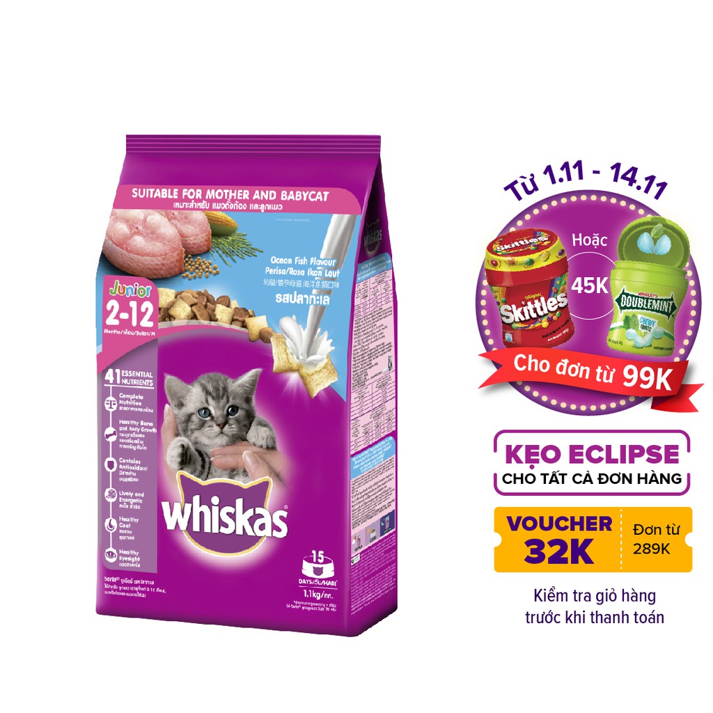 WHISKAS® Thức ăn cho mèo con dạng hạt vị cá biển với sữa 1.1kg (1 túi)