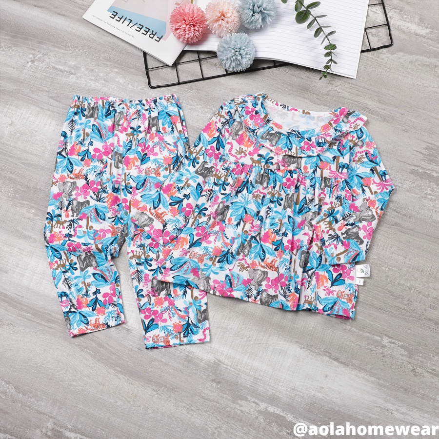 Bộ dài tay bé gái thun cotton mặc ngủ áo babydoll, pijama bé gái cổ bèo họa tiết hoa nhí kỳ lân Áo Lá Homewear A001