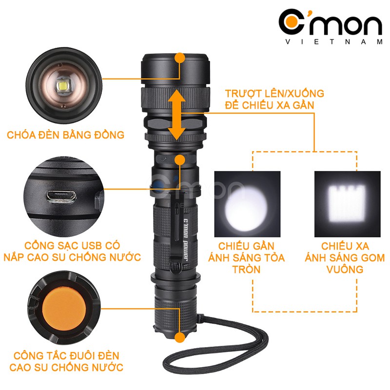 Bộ 1 đèn pin siêu sáng C'mon Power RANGER XML-L2 LED 10W + 1 pin 18650 + 1 sạc USB (VÀNG) | BigBuy360 - bigbuy360.vn