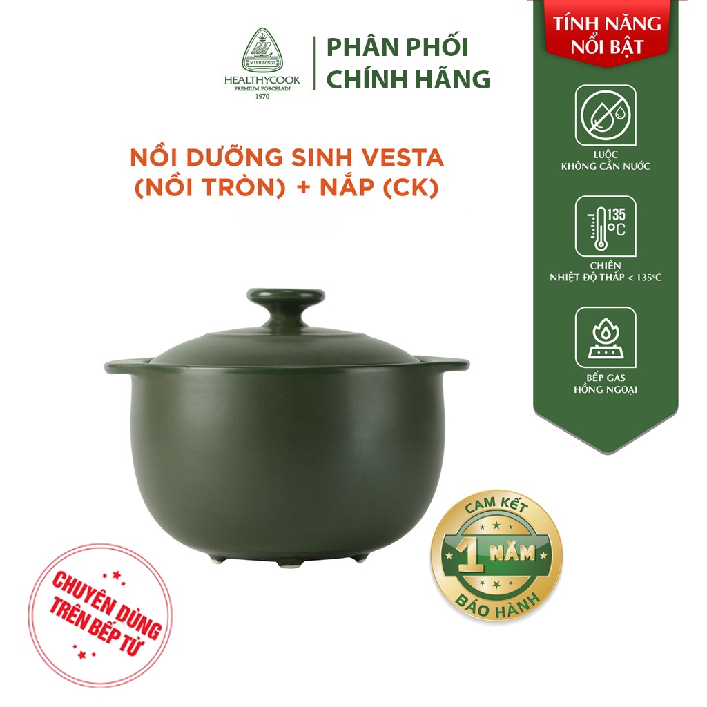 Nồi Sứ Dưỡng Sinh Minh Long Bếp Từ Vesta 3.0 L có nắp đậy, an toàn cho sức khỏe, thực phẩm chín sâu và đều