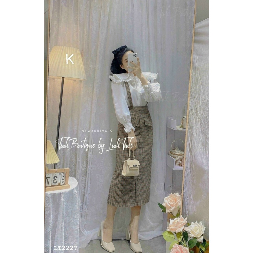 SET YẾM CARO ÁO SƠ MI CỔ BÈO TIỂU THƯ XINH XẮN