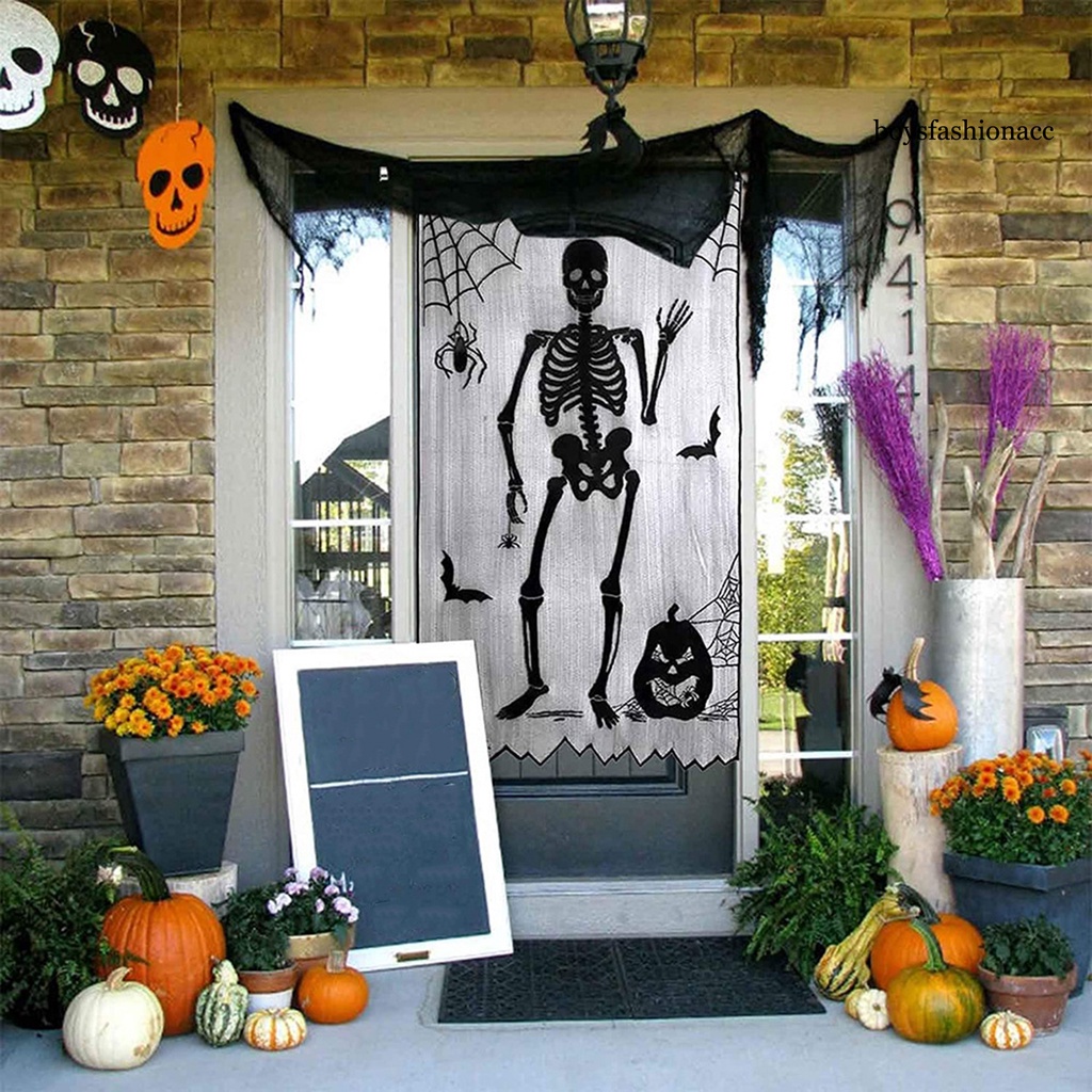Rèm Cửa Ren Họa Tiết Bộ Xương Nhện Kinh Dị Trang Trí Halloween