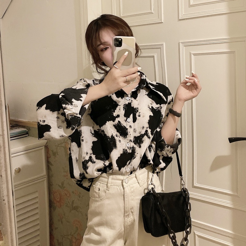 Áo Sơ Mi Nữ Dài Tay Họa Tiết Da Báo Thời Trang retro