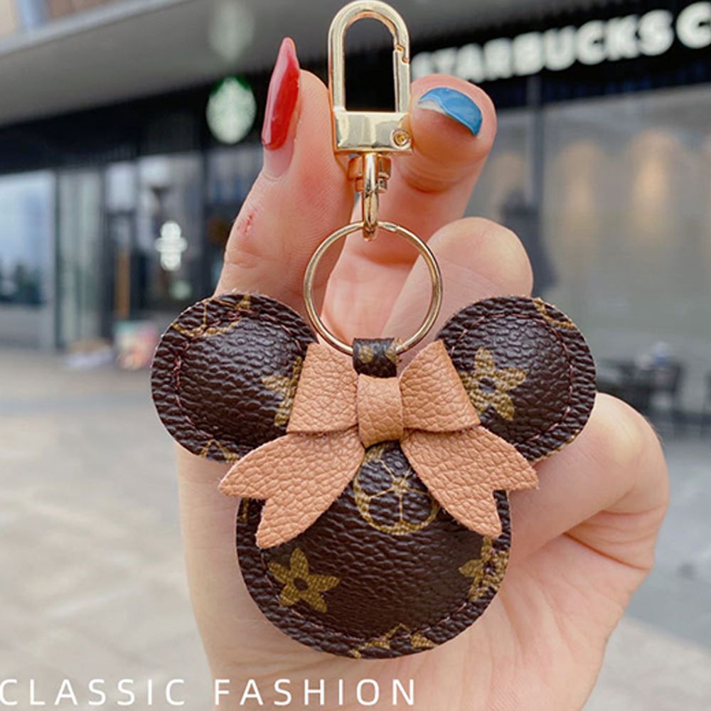 Móc khóa gắn mặt hình chuột Mickey bằng da PU phối vải bông dễ thương