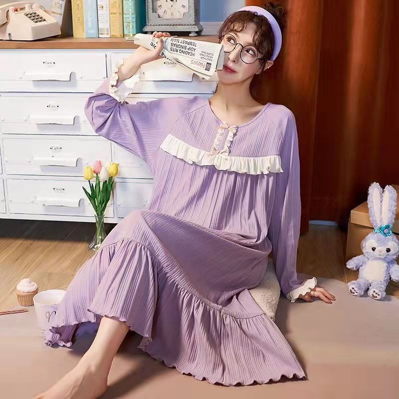 Đầm ngủ tay dài dáng rộng chất liệu cotton size M-4XL phong cách Hàn Quốc thời trang xuân thu cho nữ