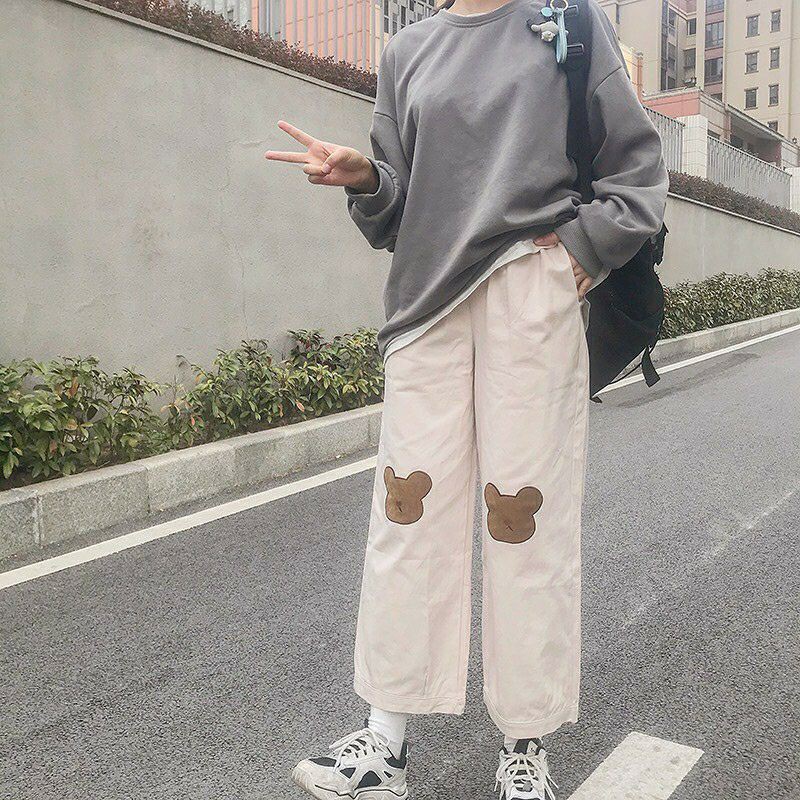 Quần ống suông Kaki thêu Gấu form unisex (Ảnh thật)