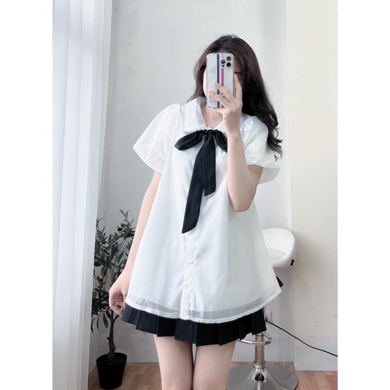 Áo sơ mi nữ kiểu babydoll ren tơ phối nơ cổ form rộng dáng xòe điệu đà đáng yêu