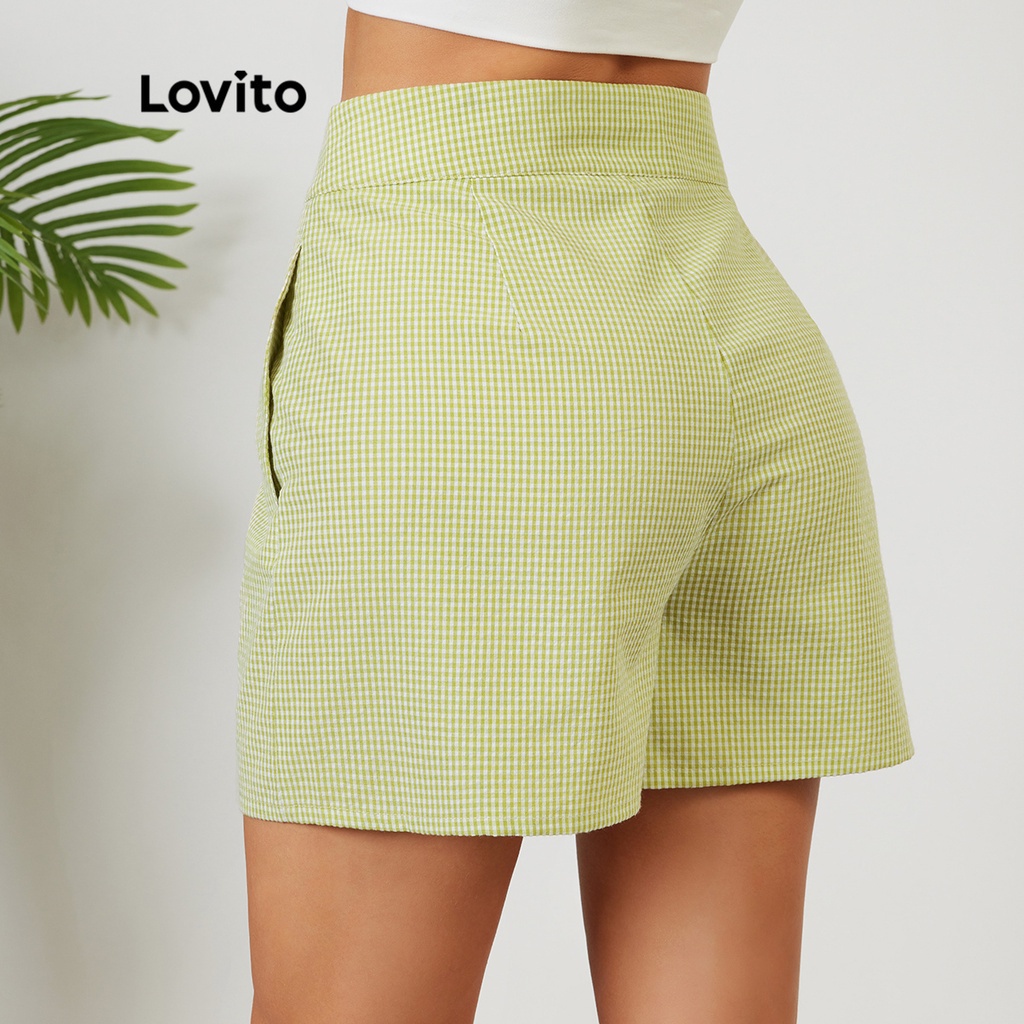 (Gợi ý từ KOL) Quần short Lovito họa tiết caro phối túi phong cách thường ngày L12D20 (Màu xanh lá)