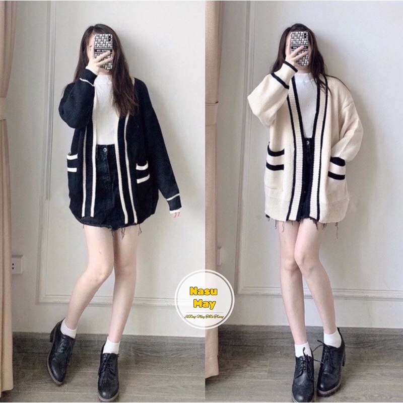 ÁO CARDIGAN, ÁO KHOÁC Nữ Form Rộng Viền Túi Đen Trắng