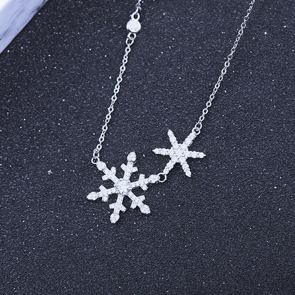 Dây chuyền bạc nữ mặt 2 bông tuyết đính đá, Vòng cổ chất liệu bạc ta cao cấp - Trang sức bạc Evasilver