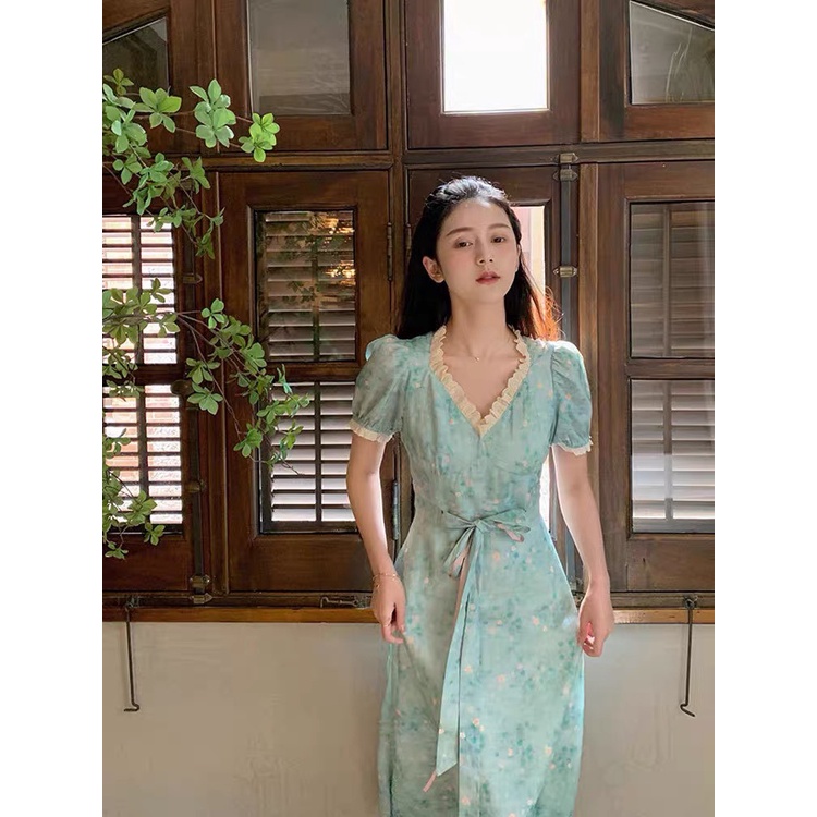 Đầm váy nữ vải lụa hoa nhí dáng dài tay ngắn phồng hai kiểu thắt eo cổ viền ren tiểu thư màu xanh cốm