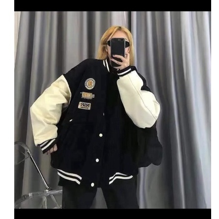 Áo bomber Uniex nam nữ nhung tăm phối tay trắng có túi hộp