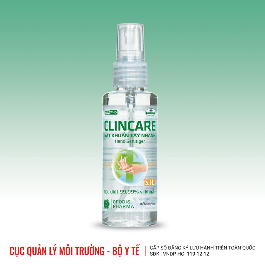 Xịt sát khuẩn nhanh khô và sát khuẩn bề mặt vật dụng Clincare SH 70ml