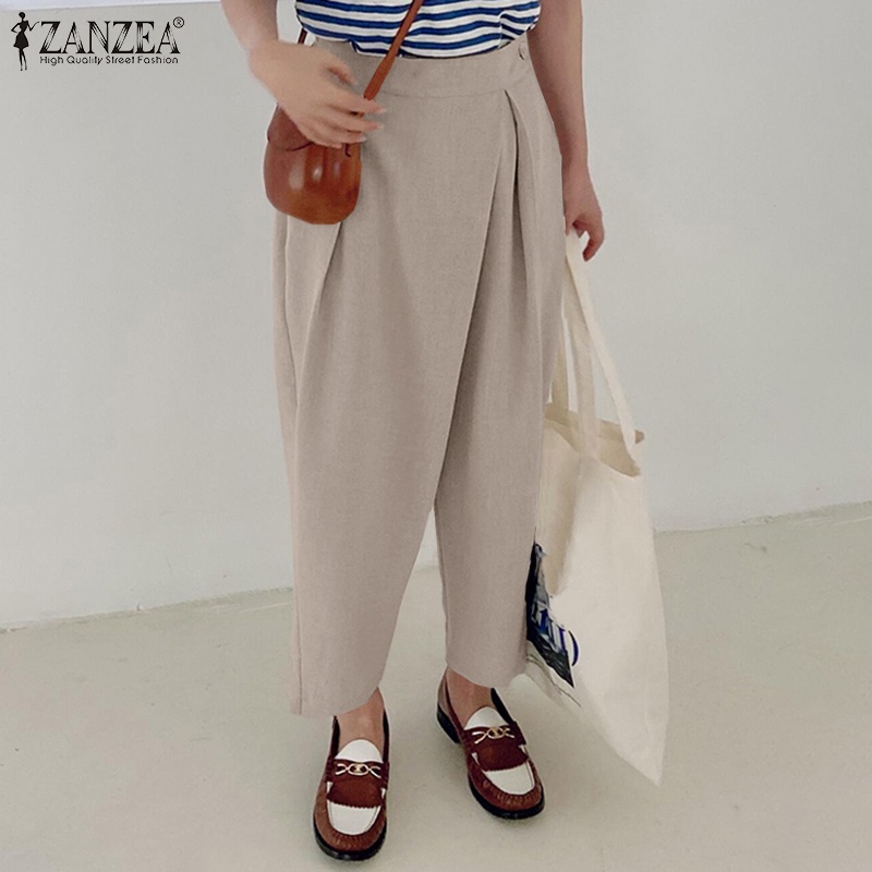 Quần ống rộng ZANZEA lưng thun có dây kéo thời trang cho nữ