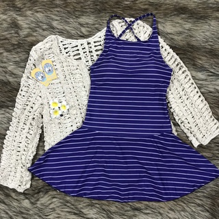 Bikini 1 mảnh váy xanh sọc ngang