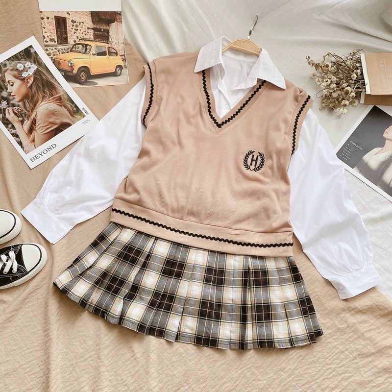 SET ÁO SƠMI TRẮNG KHOÁC GILE NUDE LEN VÁY XOÈ CARO KÈM ẢNH THẬT