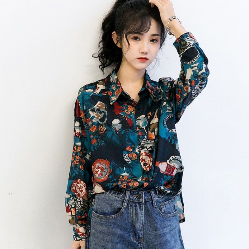 [Baywellfashion]Áo sơ mi nữ tay dài họa tiết vintage thời trang