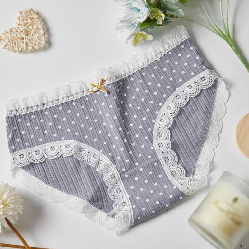 Quần Lót Cotton Lưng Vừa Phối Ren Họa Tiết Chấm Bi Phong Cách Nhật Bản Dễ Thương