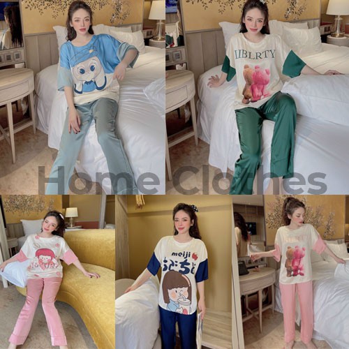 Bộ ngủ lụa latin cổ tròn quần dài hàng thiết kế hoạt hình lạ mắt (kèm video và ảnh thật)