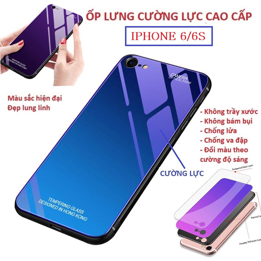 Ốp lưng Aurora Iphone 6 - Iphone 6S kính cường lực Cao Cấp đổi màu viền silicon