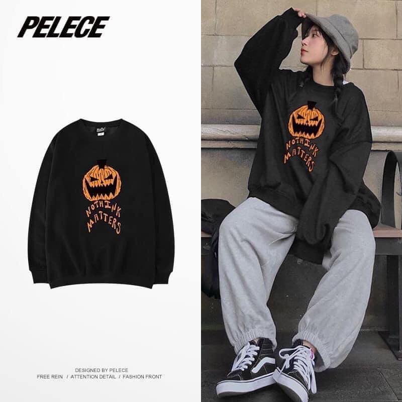 Set Bí Ngô HALOWEEN Unisex/ Đồ bộ nỉ bông form rộng oversize, áo hoodie đen quần jogger xám Ulzzang