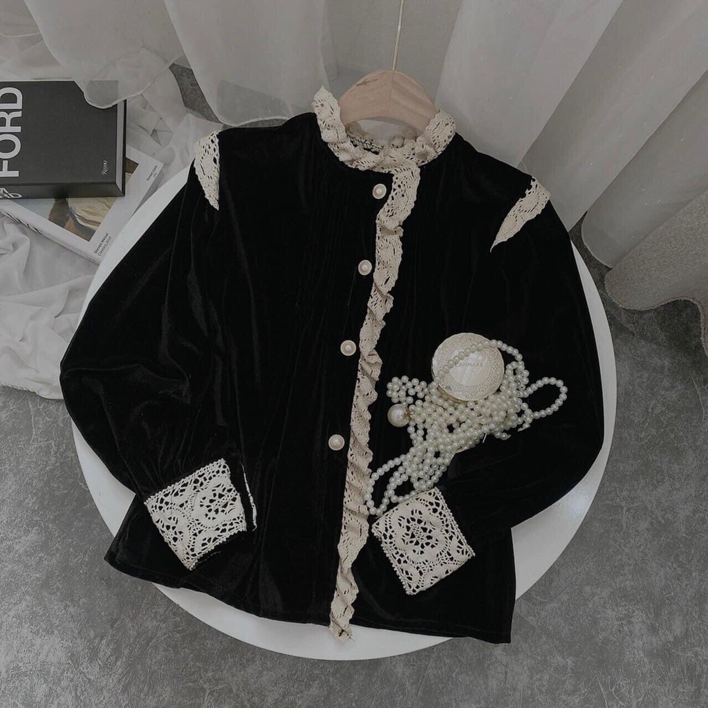 Áo sơ mi nữ Hàn Quốc dài tay thiết kế chất nhung phối viền ren siêu xinh, Áo kiểu nữ công sở rẻ đẹp trẻ trung | BigBuy360 - bigbuy360.vn