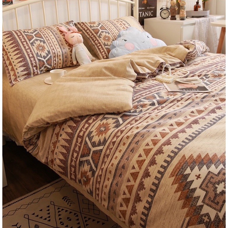 Set Cotton Living 100%cotton Hàng Nhập Khẩu Cao Cấp 4 Món kẻ Nâu Thổ Cẩm