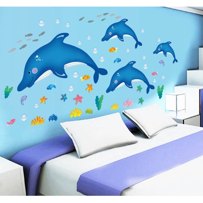 Decal dán tường cho bé [FREESHIP 50K] Đàn cá heo xanh