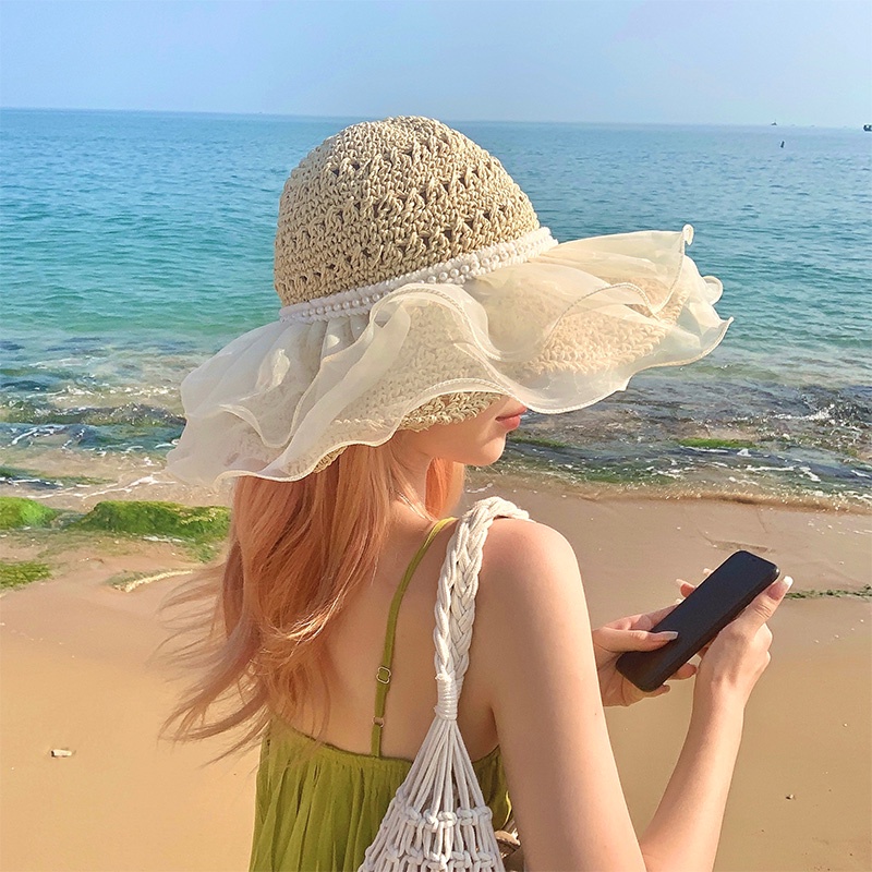 Mũ cói rộng vành phối ren chống nắng phong cách Nhật Bản thời trang đi biển / kỳ nghỉ mùa hè cho nữ