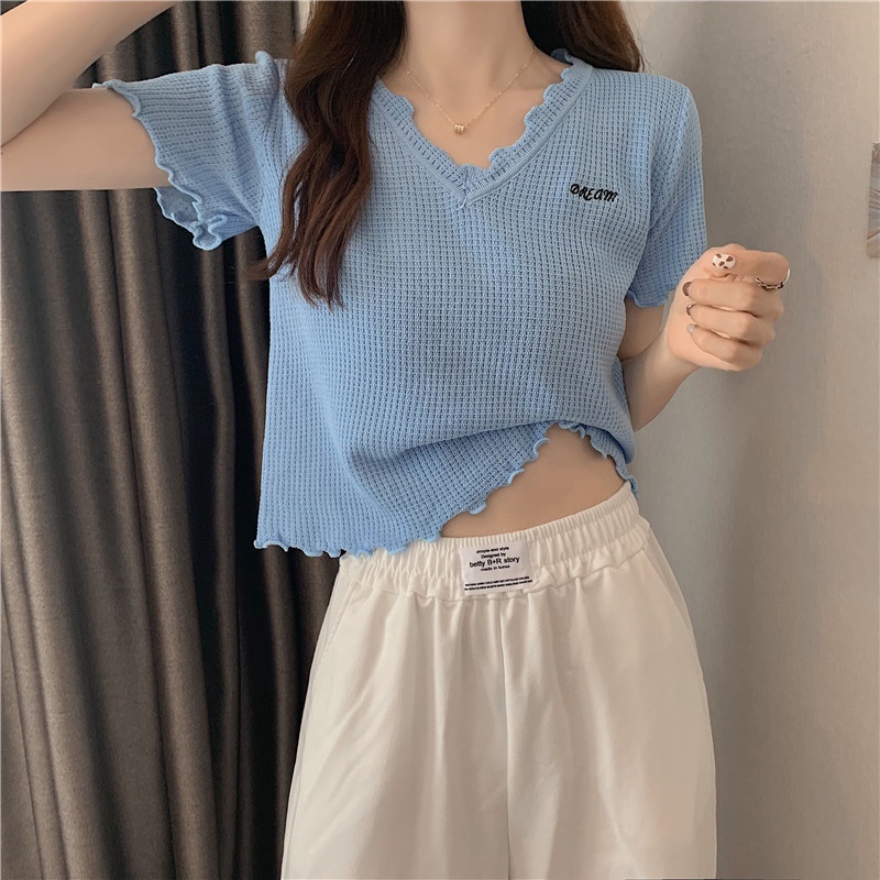 IELGY    Áo Thun Dệt Kim Mỏng Tay Cộc Đa Năng Cho Nữ