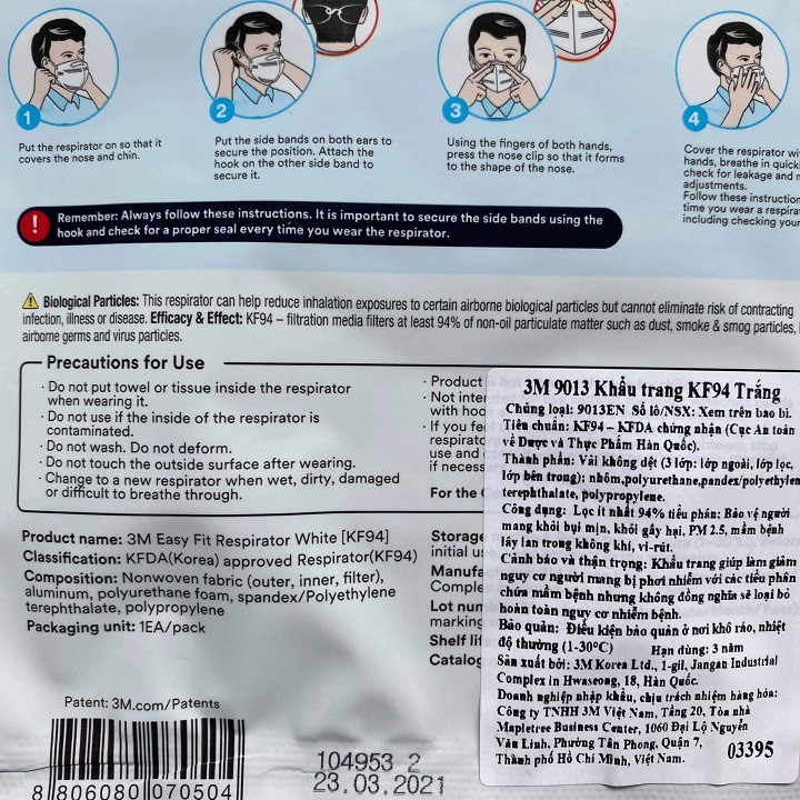 Khẩu Trang Chống Bụi 3M 9013 Tiêu Chuẩn KF94 Nhập Khẩu Hàn Quốc (Gói 1 Cái)