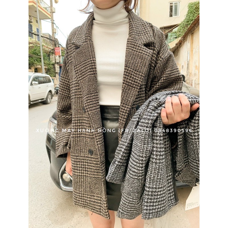 Áo khoác dạ kẻ 2 lớp dáng dài 4 cúc túi nắp - Xưởng May Hạnh Hồng | BigBuy360 - bigbuy360.vn