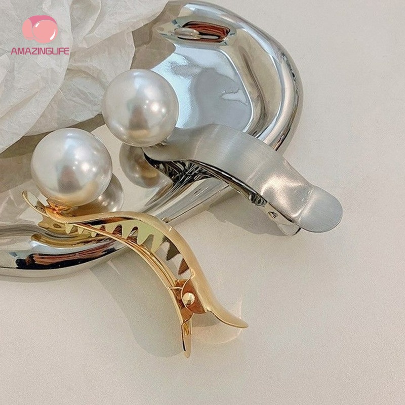 Kẹp Tóc Đính Ngọc Trai Bằng Kim Loại Màu Vàng/Bạc/Bạc Thiết Kế Hình Học Thanh Lịch Thời Trang Cho Nữ