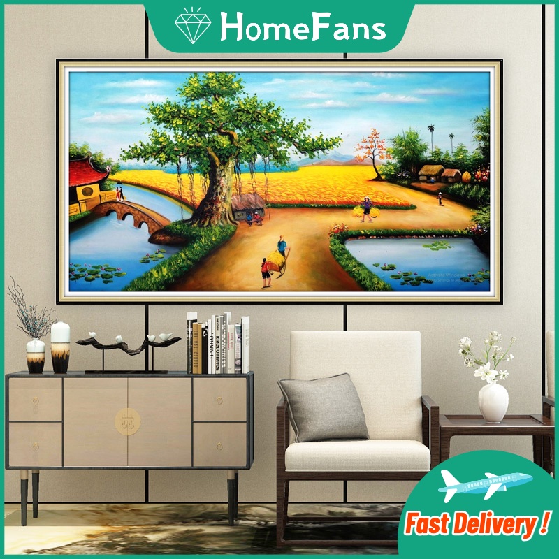 Bộ Tranh Đính Đá 5D Tự Làm Hình Phong Cảnh Làng Quê Kích Thước 90x50cm