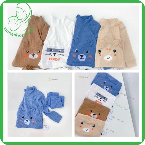 Bộ dài tay len tăm cổ 3 phân tai thú in hình động vật nghộ nghĩnh cho bé size 8-18 kg