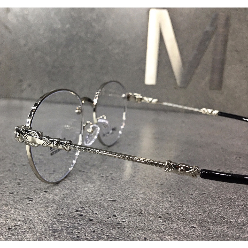 Gọng Kính CHROME HEARTS Oval Charm Nổi Hợp Kim Cao Cấp Đen Bạc Unisex