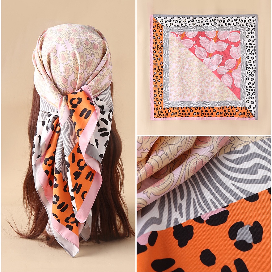 Khăn Quàng Cổ Lụa Vuông 90cm 24H In Họa Tiết Da Báo Đa Năng Thời Trang