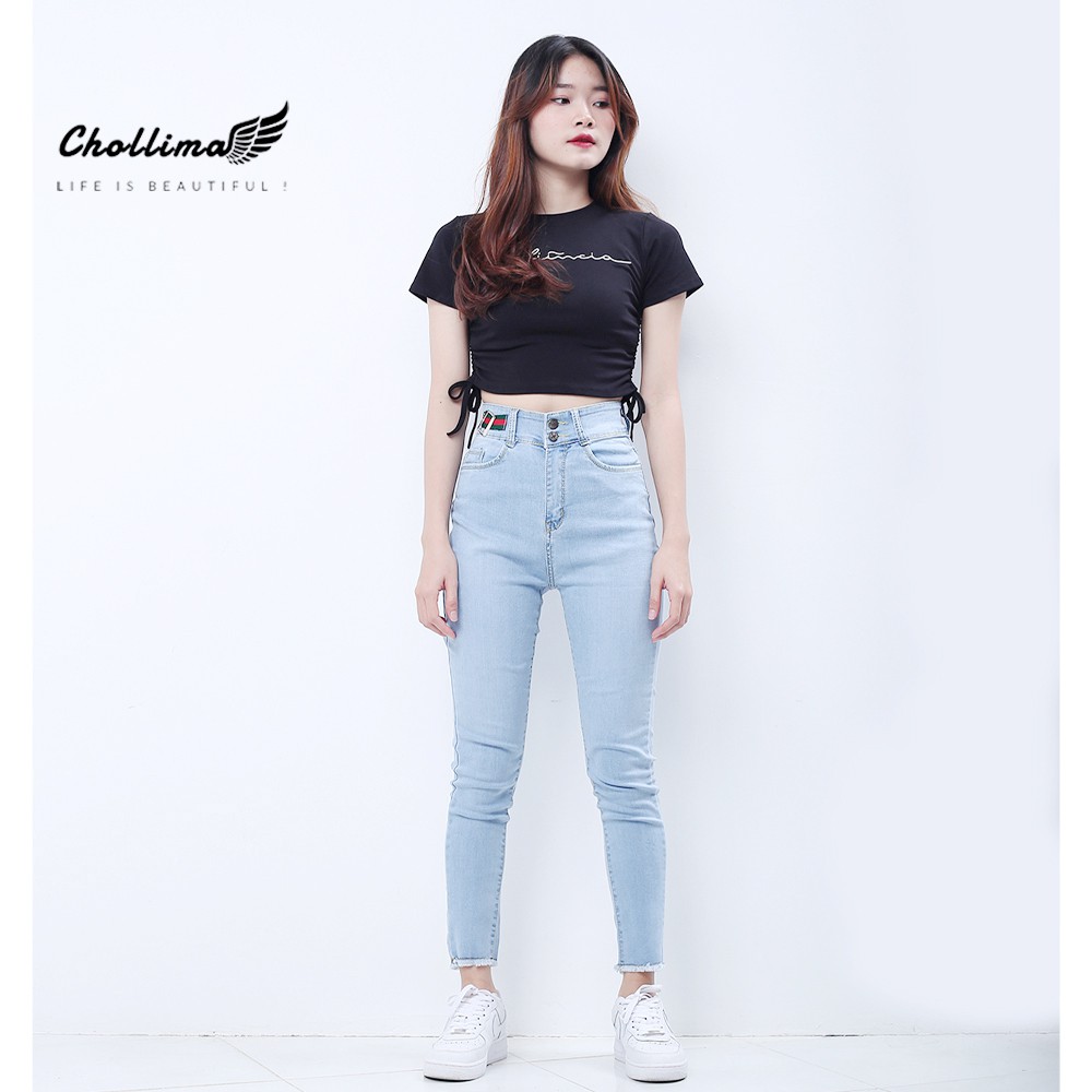 Quần jeans nữ co giãn Chollima cạp siêu cao đắp nịt màu xanh trắng QD025