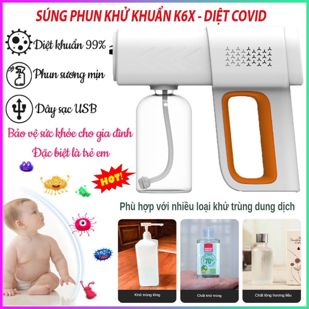 BẢO HÀNH 12 THÁNGSúng Khử Khuẩn Phun Xịt Khử Sát Trùng Nano K6X Hàng Chuẩn In Laser 6 Mắt UV - Hàng Chính Hãng