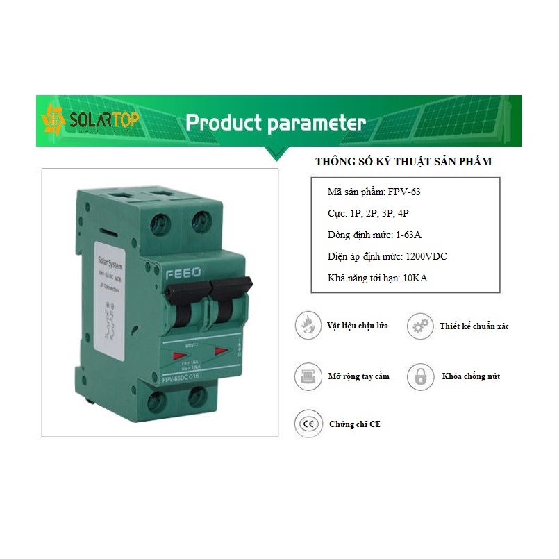 Bộ ngắt mạch MCB DC 550V / 800V / 1000V hãng FEEO dùng cho điện mặt trời - Aptomat, Át DC, cầu dao, thiết bị đóng cắt