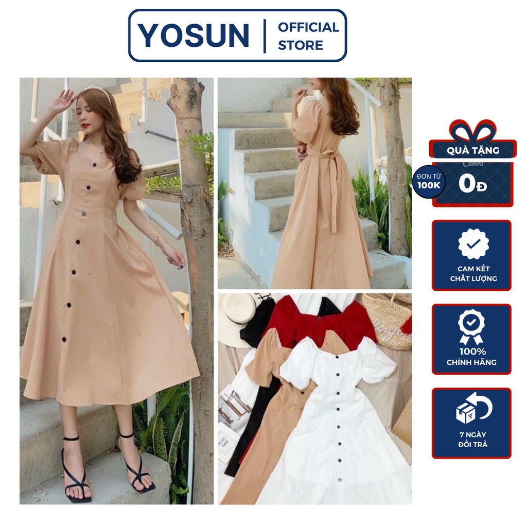 Đầm Đi Tiệc Dáng Dài Xòe Phối Nút Sang Trọng, Đầm Tay Ngắn Cổ Vuông Quý Tộc 4 Màu Đen Kem Đỏ Trắng