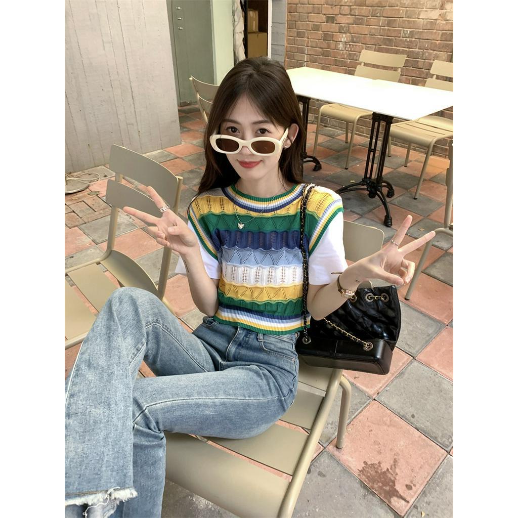 Áo Thun Ba Lỗ Vải Dệt Kim Kẻ Sọc Dáng Ngắn Thời Trang Cá Tính 63369