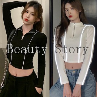 Áo Croptop Tay Dài Cổ Lọ Thiết Kế Màu Trơn Thanh Lịch