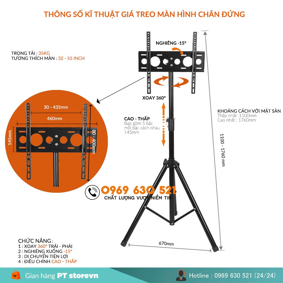 Giá Treo Màn Hình 3 Chân Đứng 32 - 55 INCH - Tùy Chỉnh Đa Năng - Chỉnh Góc Nghiêng Màn 15 Độ
