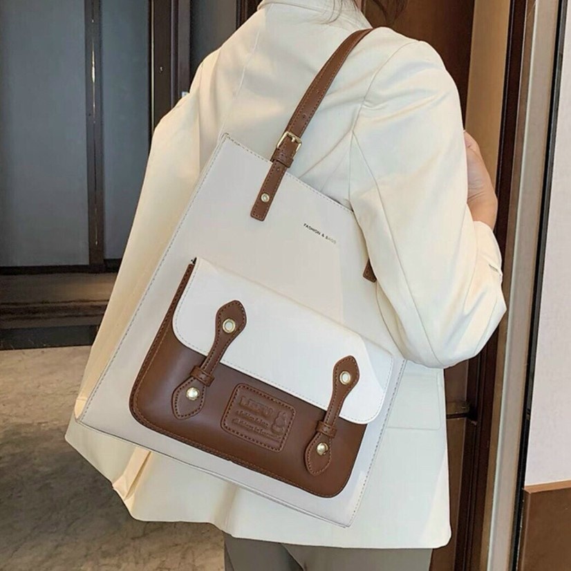 Túi tote bag da phối màu phù hợp đi học , đi làm vừa A4 và laptop - Ảnh thật