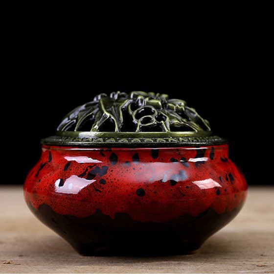 (Mua Lư Tặng Trầm) Lư Xông Trầm Gốm Sứ màu Đỏ Đen- Có lót bạc