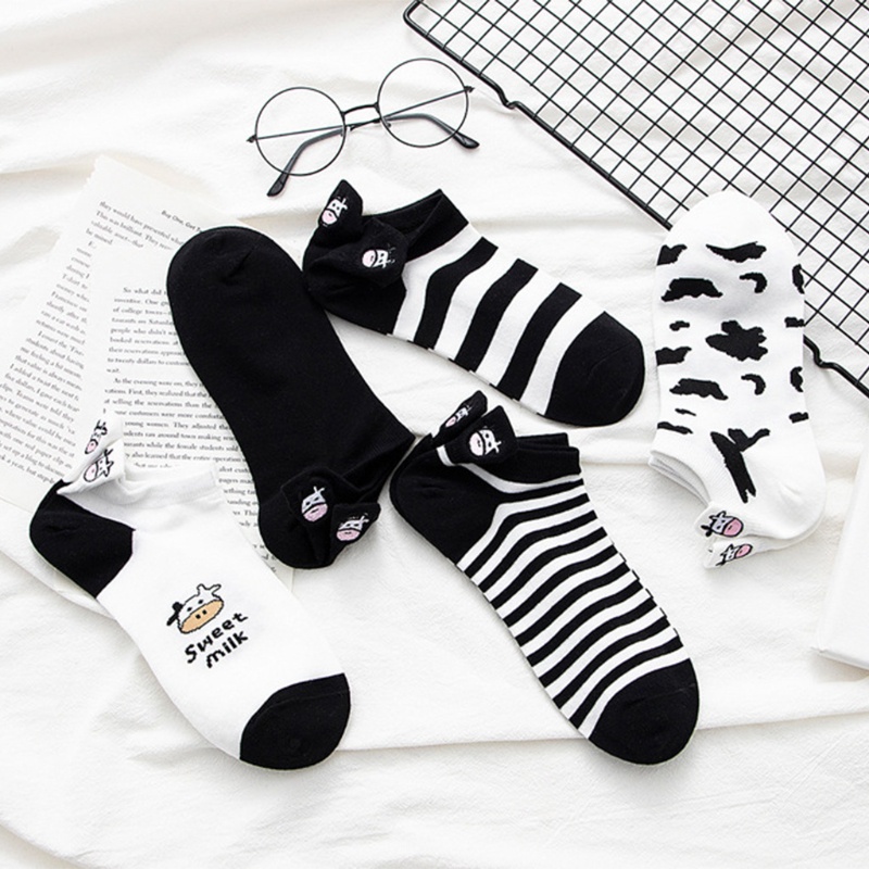 Set 5 Cặp Vớ Cotton Cổ Thấp In Họa Tiết Bò Sữa Hoạt Hình Thời Trang Mùa Hè Cho Nữ