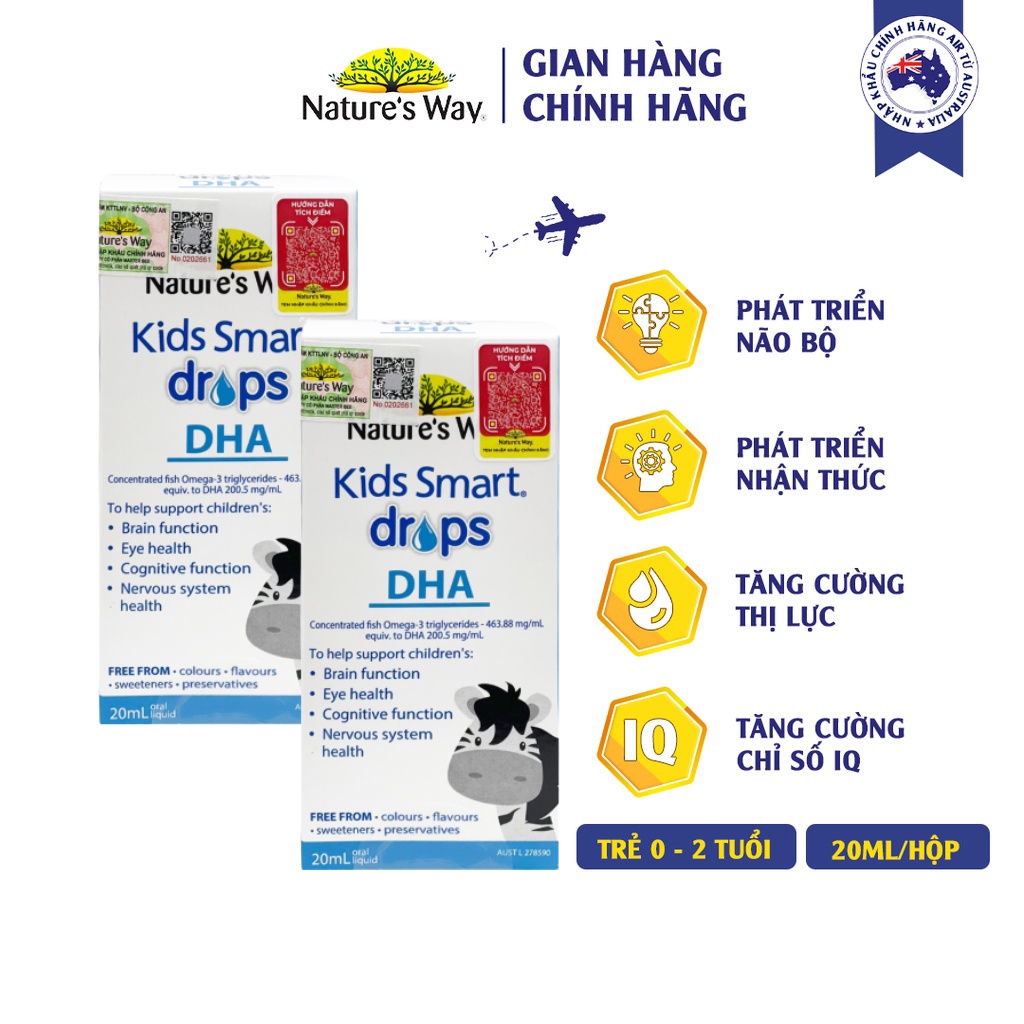 Combo 2 Hộp DHA Nature's Way Kids Smart Drops DHA Dạng Giọt Giúp Tăng IQ, Tăng Thị Lực, Phát Triển Não Bộ Cho Bé 20ml/h