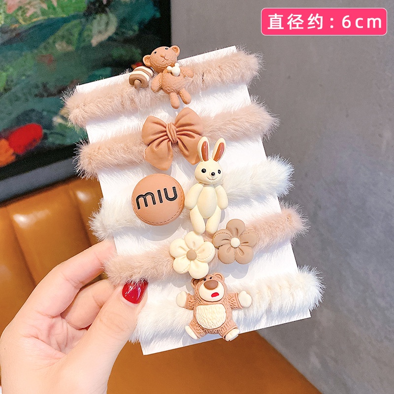 Dây buộc tóc cao su phối vải lông họa tiết hoạt hình thời trang 2021