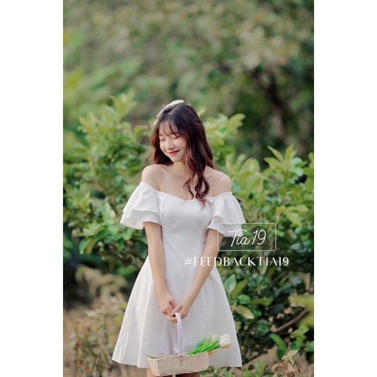 Váy trễ vai tay bèo Tia19. Đầm rớt vai dáng xoè dự tiệc ulzzang ( Ảnh thật) | BigBuy360 - bigbuy360.vn